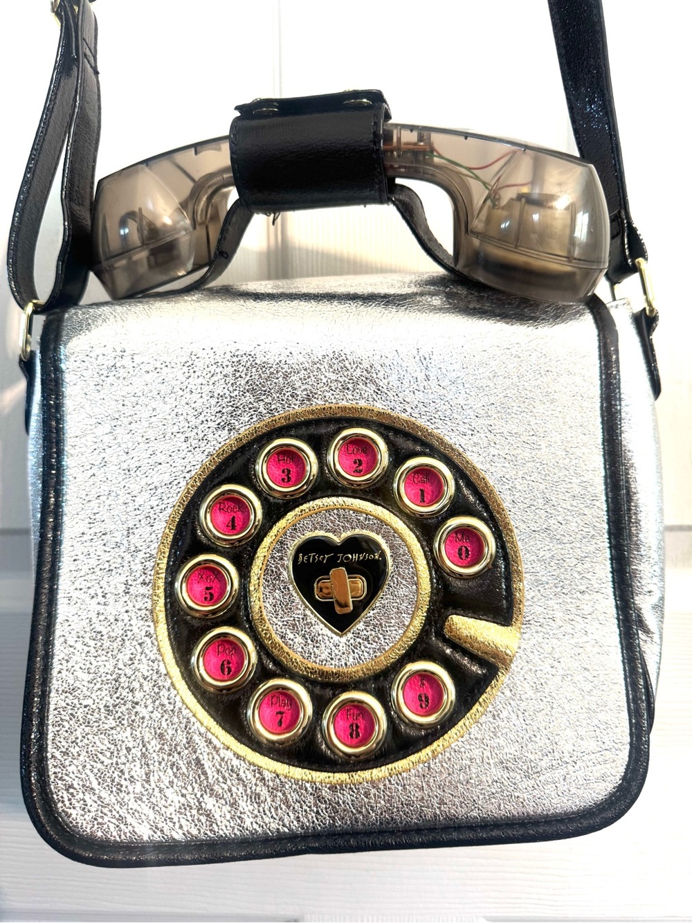 Betsey Johnson "Off the Hook" Retro Phone Silver Crossbody Bag
